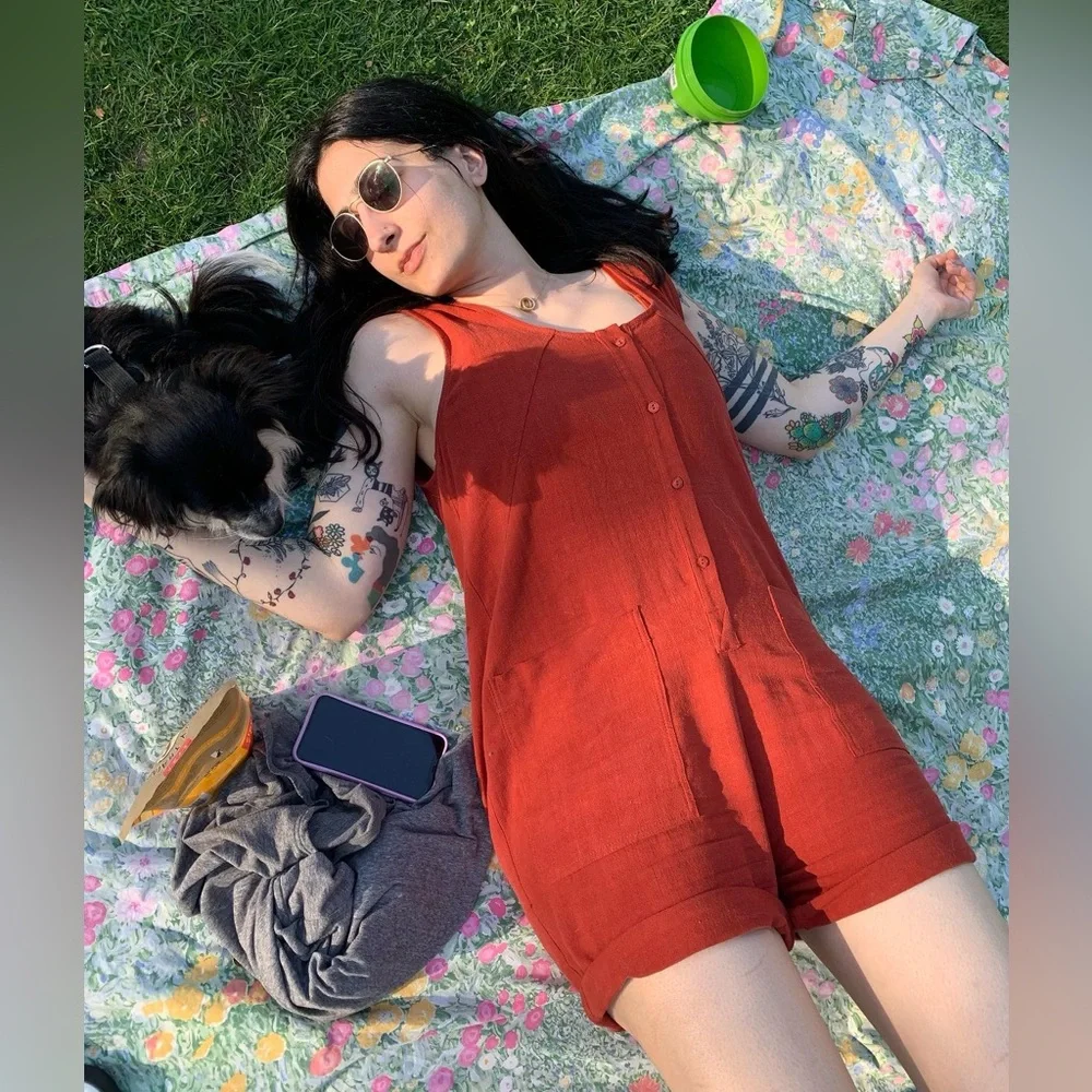 Eve Gravel Linen Shorts Romper in Clay - Picture 2 of 14